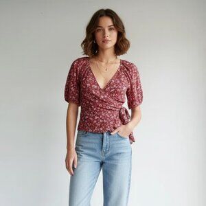 MADEWELL Puff-Sleeve Wrap Crop Top in Batik Vine Size Small